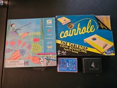 5 Family Games NEW Tabletop Coinhole, Djeco (French), Pyramid Puzzle, Chit Chat