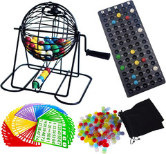Deluxe Bingo Game Set – Metal round Cage, 75 Colored Balls, 50 Bingo