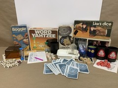 Vintage Dice & Card Game Lot Boggle Word Yahtzee WaterWorks Card Cube Liars Dice