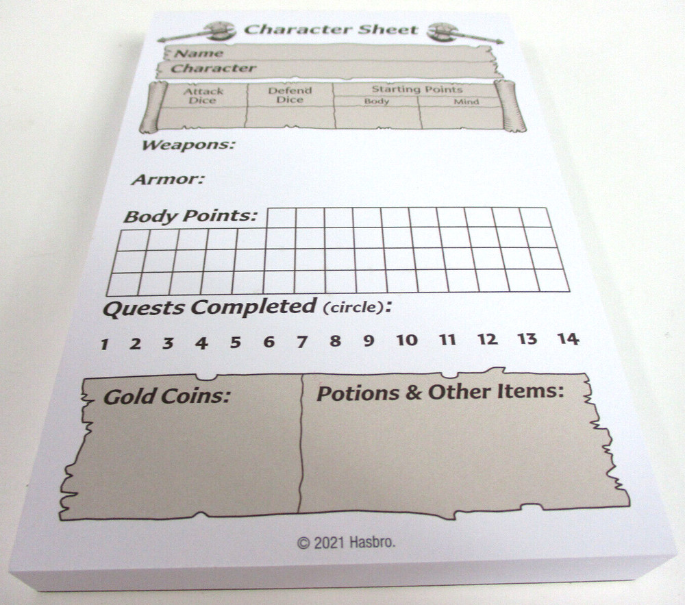 HEROQUEST Complete CHARACTER SHEET PAD Avalon Hill NEW!!