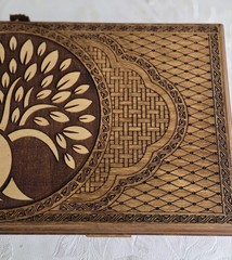 Carved Etched Wood Backgammon & Checkerboard Game Set Tree Of Life Compact