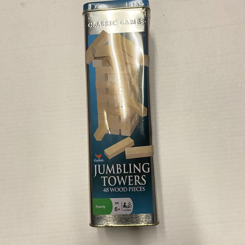 Tumbling Tower by Cardinal 48 Stacking Wood Pieces Metal Tin Used 5 & Up 1999