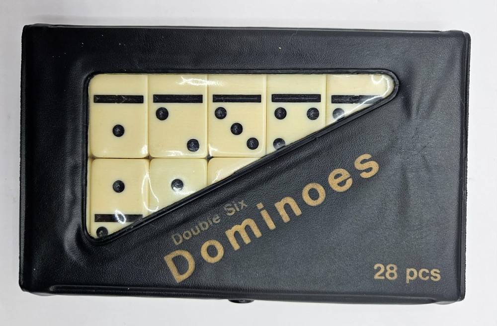Vintage Double Six Dominoes Set of 28 Travel Size Black Vinyl Case Instructions