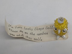 Vintage Lucky Bingo Ball Charm Yellow Beaded Troll Figurine Folk Art