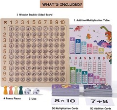 2 in 1 Math Board Game for Kids – Wooden Double Sided Table with Dice and Cards
