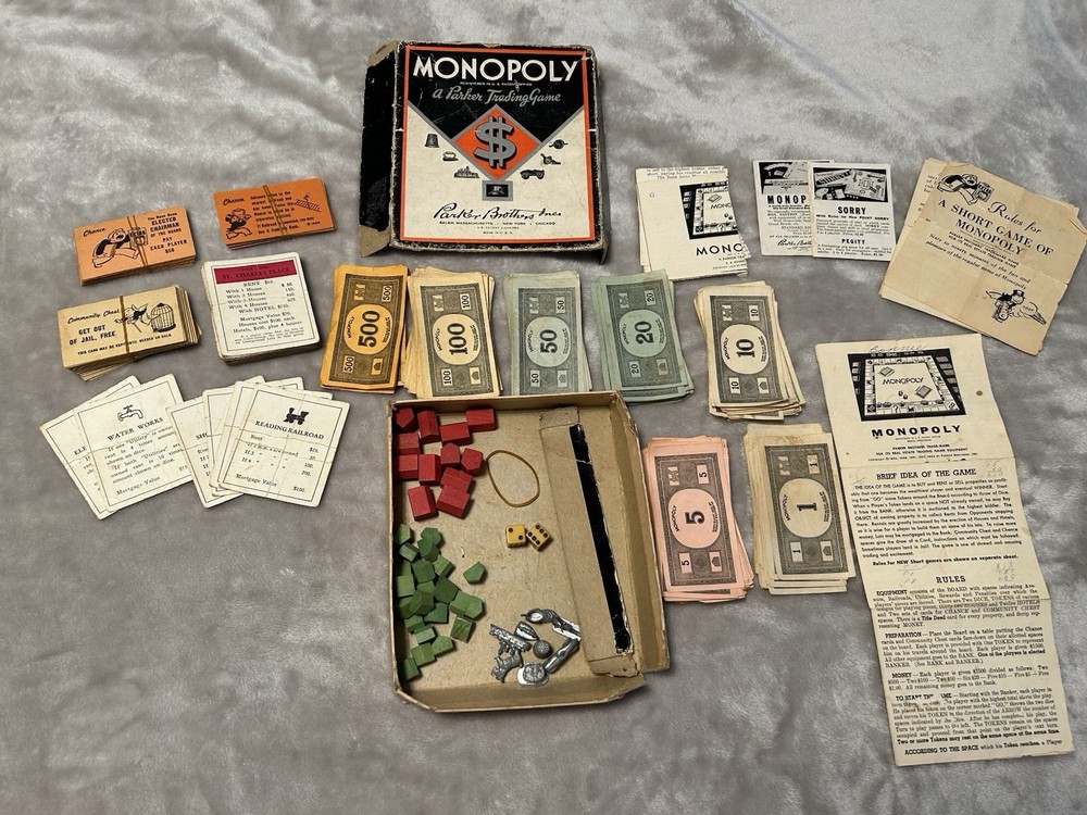 Vintage 1930s Monopoly Black Box Patent 2026082 Parts Money No Board As-Is
