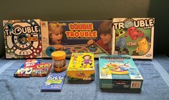 Mixed lot of pre owned games Trouble, vintage Double Trouble,Farkle, Uno, Skipbo