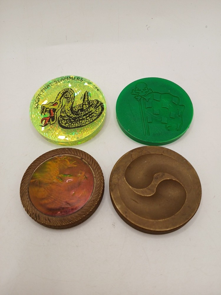 Vintage Brass & Plastic Pog Slammers, Lot Of 4, Yin Yang, Holographic,snake,skul
