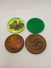 Vintage Brass & Plastic Pog Slammers, Lot Of 4, Yin Yang, Holographic,snake,skul
