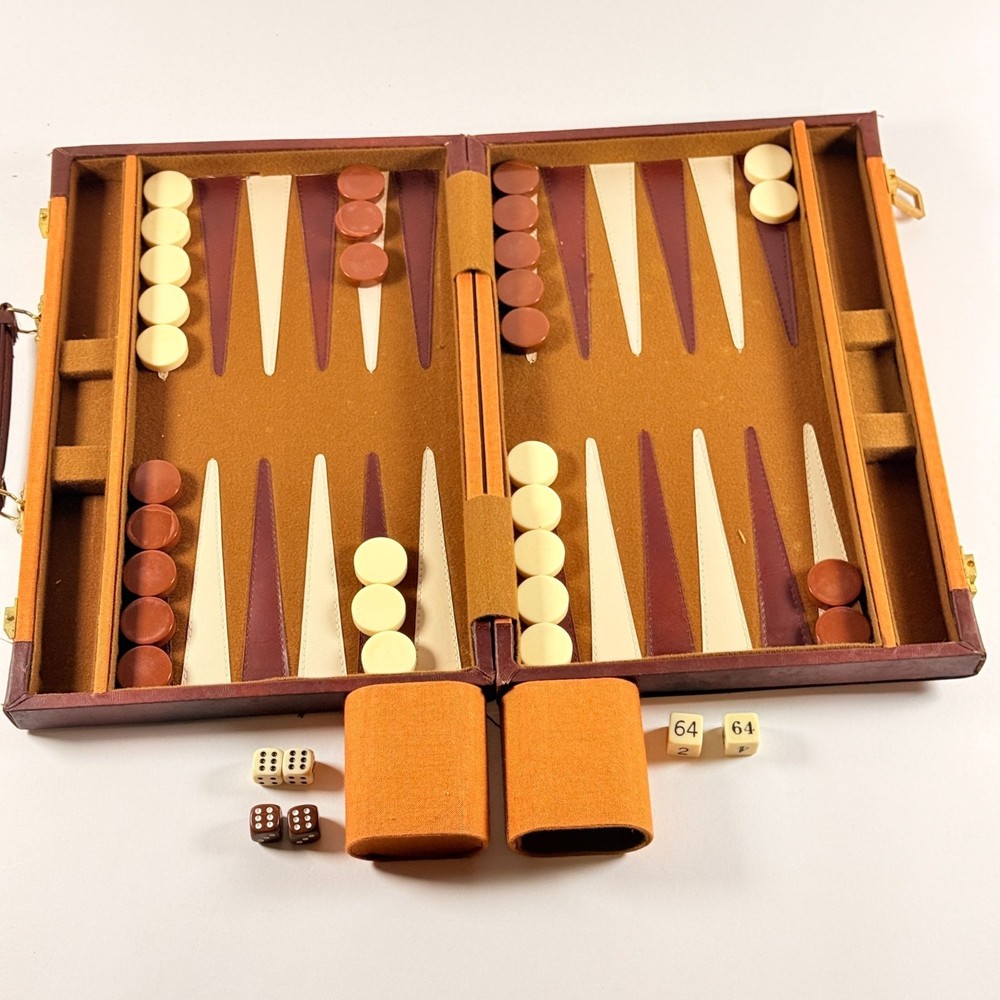 Vintage Travel Size Backgammon Set Faux Leather Compact Design With Dice & Cups