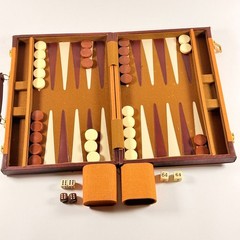 Vintage Travel Size Backgammon Set Faux Leather Compact Design With Dice & Cups