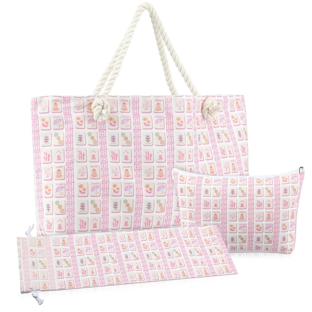 Sunnymove Empty Mahjong Bags Set for Large, Blue and White with Pink accents