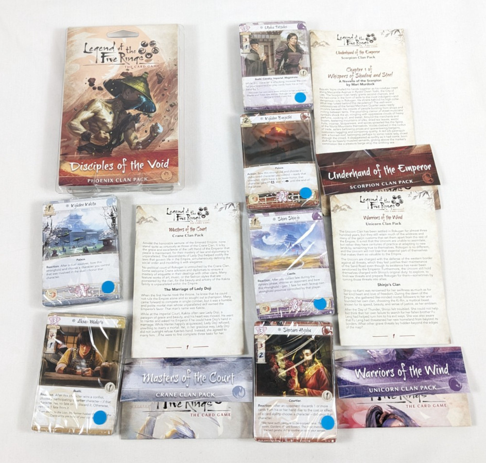 L5R LCG Card Game LOT OF FOUR CLAN PACKS Used COMPLETE Most Cards Still Sealed