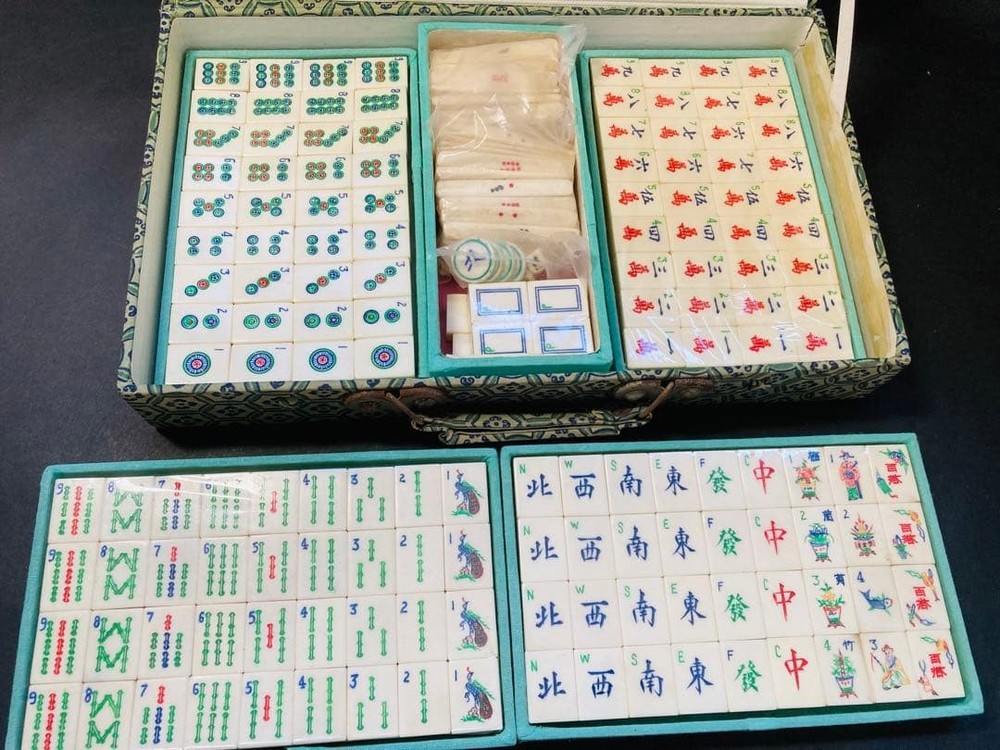Vintage Chinese Mahjong Tile Set Bamboo Back Western Index 152 Tiles Complete