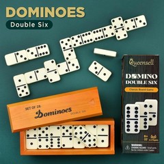 Queensell Jumbo Dominoes Set for Family Fun – 28 Double 6 Tiles in Wooden Box