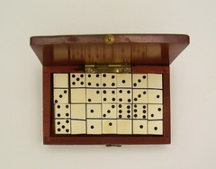 Antique complete Miniature Domino Set in Wood Portable Box Rich Patina