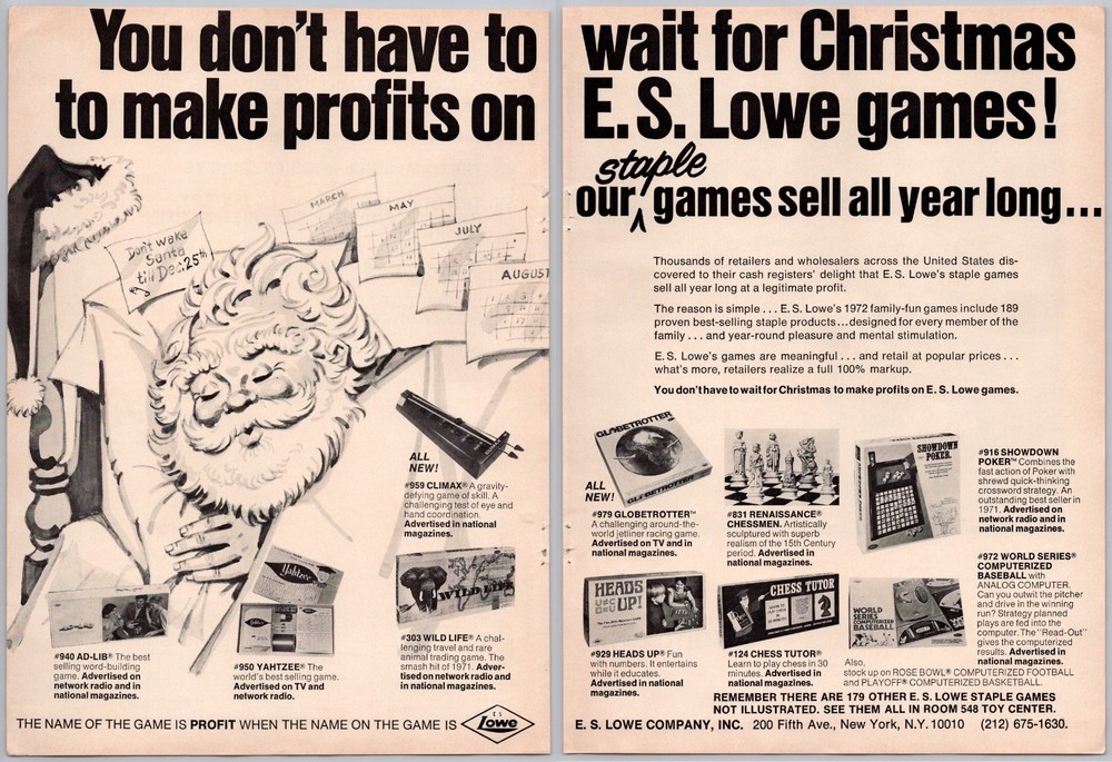 1972 ES Lowes Vintage Toy Ad Games Yahtzee Ad Lib Globetrotter Chess Tutor Santa