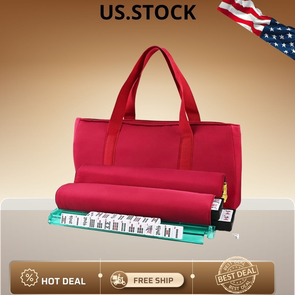American Mahjong Set 166 White Tiles 4 Racks Pushers Red Carry Bag