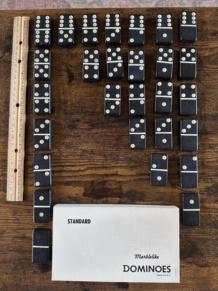 Vintage Set of Puremco No. 616 Standard Marblelike Dominoes Black
