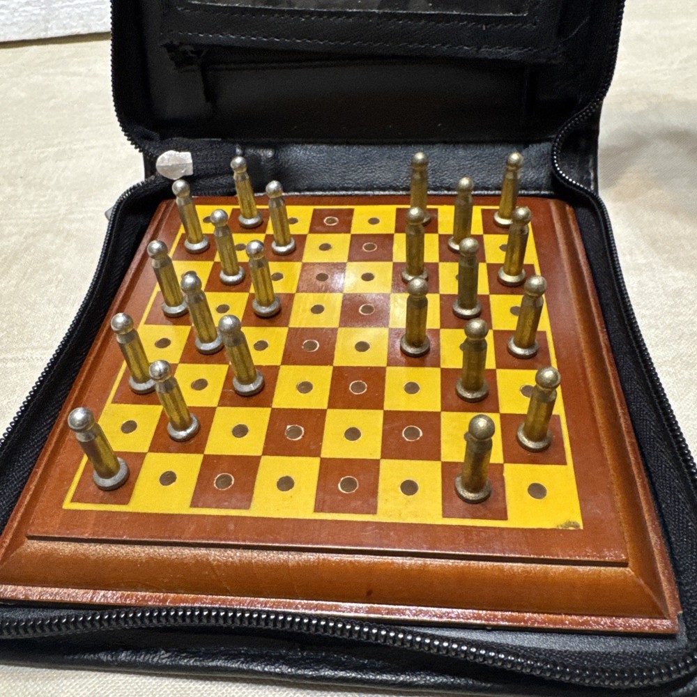 Miniature Travel Checker Set Wood Peg Board Metal Pegs With Case(A)
