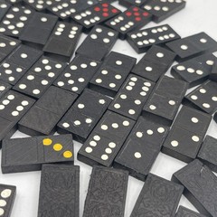 Vintage Ornate Floral Back Dominoes Lot of 55 Black Leafy Composition Set 1960s