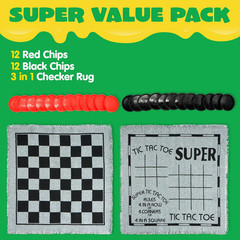 3-In-1 Vintage Giant Checkers, Tic, Tac, Toe, with Reversible Mat, 24 Chips, Fam