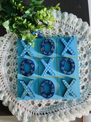 Customized Tic Tac Toe Game Board Blue Floral Design Wooden