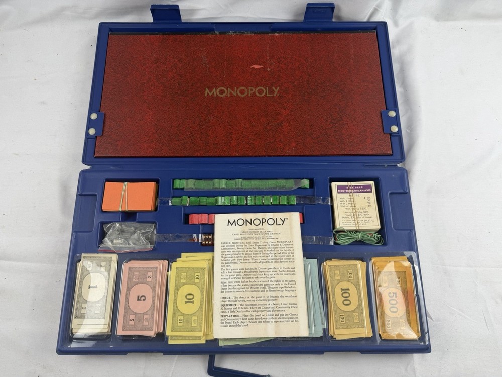 VTG 1973 MONOPOLY Game in Blue Hard Plastic Travel Case Complete looks unused