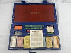 VTG 1973 MONOPOLY Game in Blue Hard Plastic Travel Case Complete looks unused
