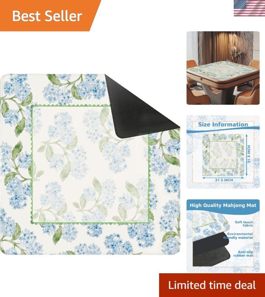 Blue Hydrangea Floral Anti-Slip Mahjong Mat 31.5in – Perfect for Game Gatherings
