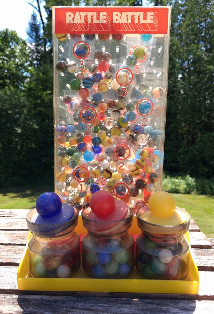 Vintage RATTLE BATTLE and small Jars with tops plastic DISPLAY with MARBLES!