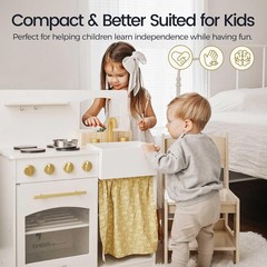 Wooden Play Kitchen Toddlers Compact Cream Pretend Set TLTGPK003WT Tiny Land