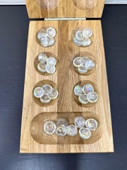 Travel Size Wooden Folding Mancala Board Game Set Glass Pieces 8.5 x 5.5 Retro