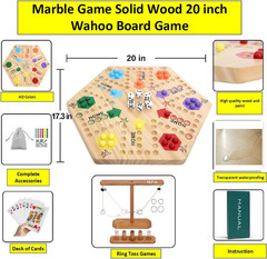 Wooden Wahoo Marble Board Game , Double-Sided, for 2-6 Players, with 24 Marbles