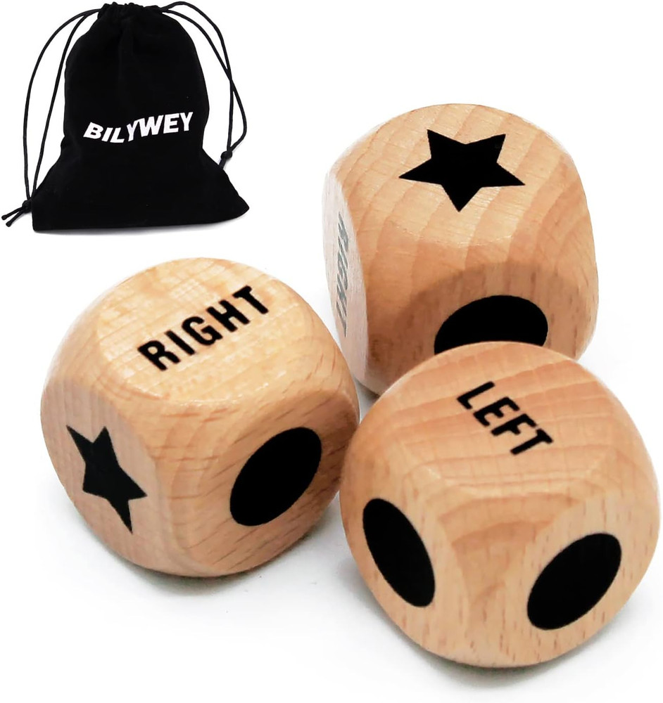 3 Pcs Wooden Dice LCR Left Right Center Party Game Set w/ Storage Bag