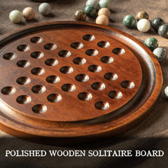 Deluxe Solitaire Game Set: 12.6” Solid Wooden Board, 32 Natural Marble Balls,