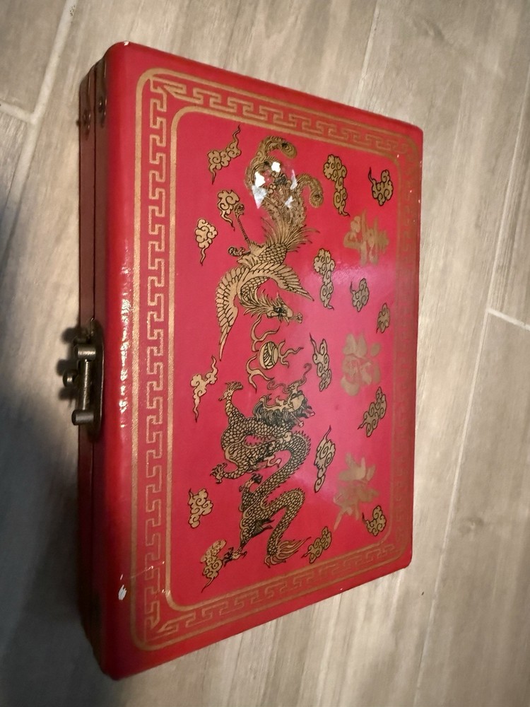 Vintage Chinese Lacquer Mahjong Set Complete Red Dragon Case NEW NEVER USED