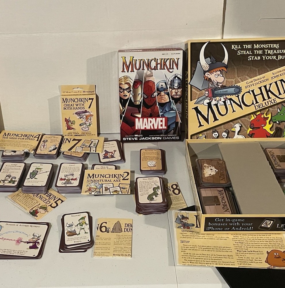 Munchkin Deluxe Sleeved Collection Bundle w Expansions 2 3 4 5 6 7 8 and Marvel