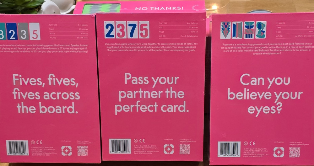 Magenta Card Game Set: Fives, Duos, Figment, Fruit Fight, No Thanks!, I’m Out