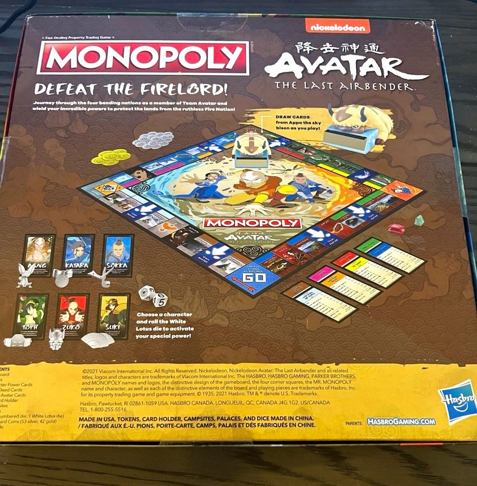 Hasbro Monopoly Avatar The Last Airbender Board Game Custom Tokens 2+ 8+ 2021