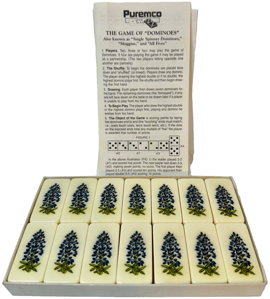 VTG Puremco Dominoes Texas Bluebonnets w Original Box #616 Marblelike Standard