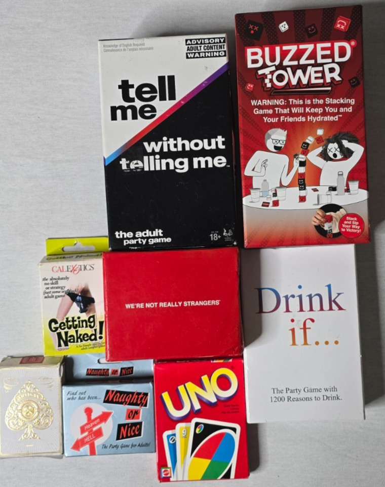 Lot of 8 Adult Party Games UNO Drink If Tell Me Without Telling Me Buzzed Tower