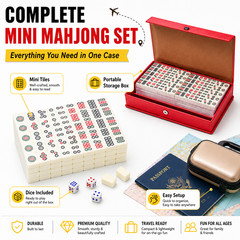 Compact Mini Mahjong Set with Dice Red Carry Case Travel Family Party Game Gift
