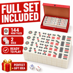 Compact Mini Mahjong Set 144 Tiles 2 Dice Red Case Portable Travel Game Gift Box
