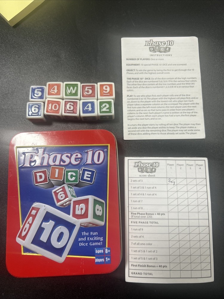 Fundex Phase 10 Dice Game in Tin Red Complete Instructions Manual Scorepad