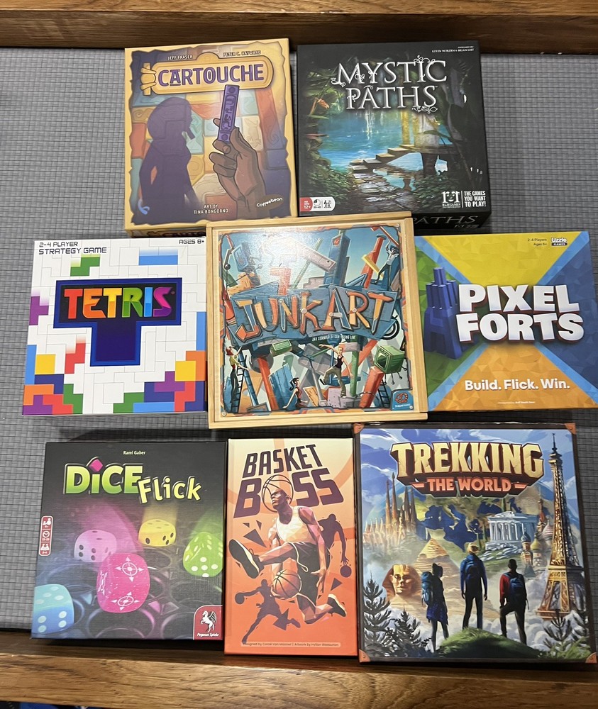 Board Game Bundle Lot 8 Games – Junk Art, Tetris, Pixel Forts, Dice Flick & More
