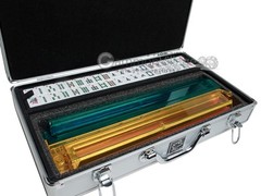 American Mahjong Set – White/Blue Tiles, All-in-One Pusher, Silver Aluminum Case