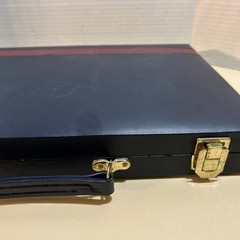 Vintage BACKGAMMON Travel Game Set Navy Blue Faux Leather Folding Case Compact