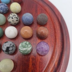 Miniature Marble Solitaire Game with Semi Precious Gemstones Minerals Wood Board