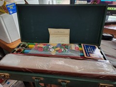 Vintage Mah Jongg Set Tiles Racks Green Case